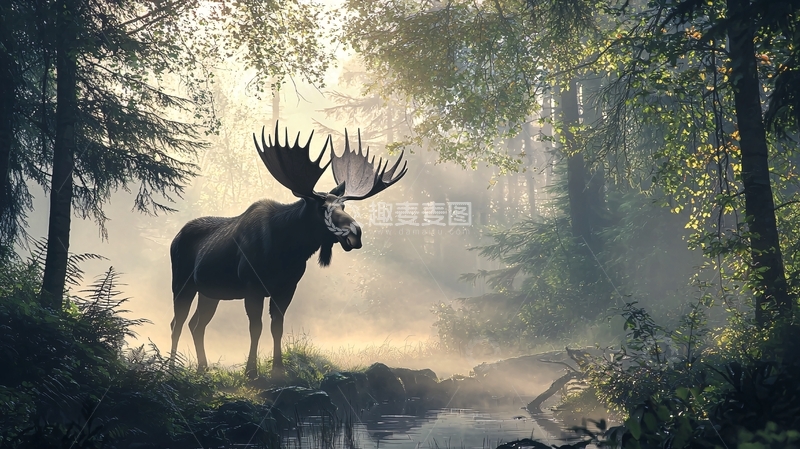 高清大图下载【趣麦麦图】晨雾中的鹿高清图片