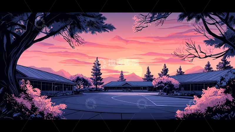 高清大图下载【趣麦麦图】夕阳下的学校操场