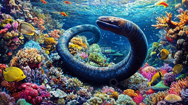 高清大图下载【趣麦麦图】海底巨蛇与珊瑚礁