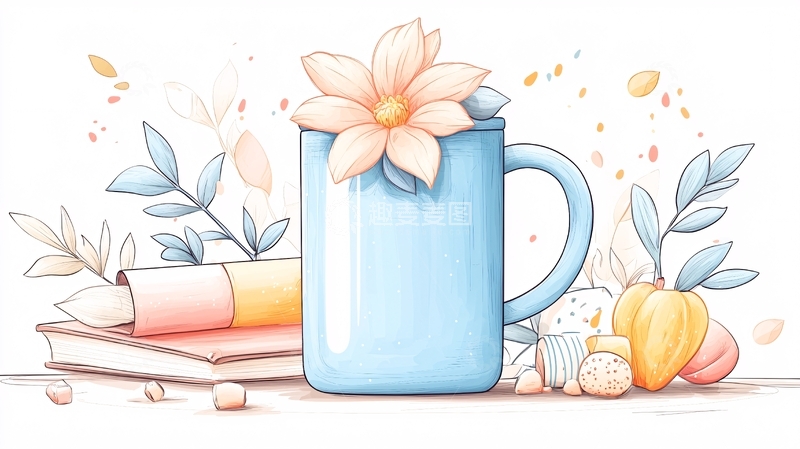 高清大图下载【趣麦麦图】蓝色杯子与花朵插画素材
