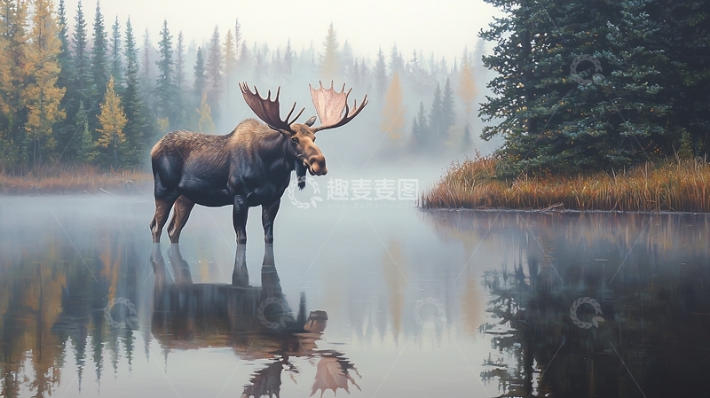 高清大图下载【趣麦麦图】晨雾中的鹿与湖景