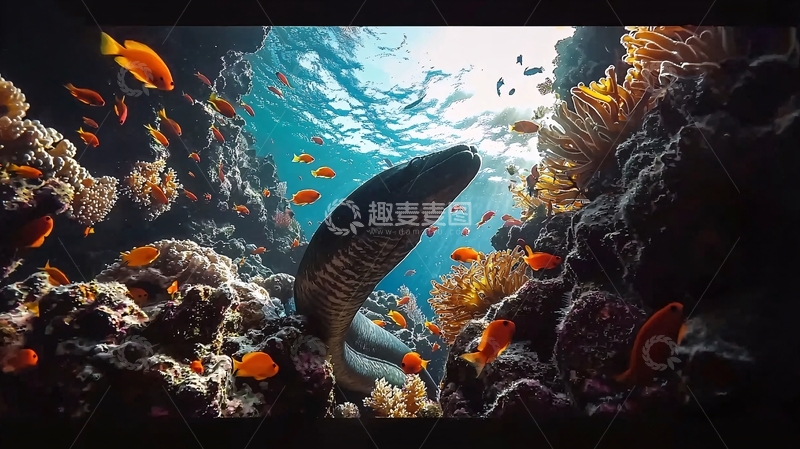 高清大图下载【趣麦麦图】海底世界珊瑚礁海鳗