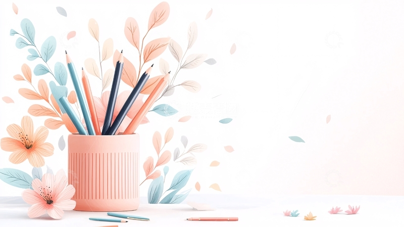 高清大图下载【趣麦麦图】粉色笔筒与彩色铅笔插画背景