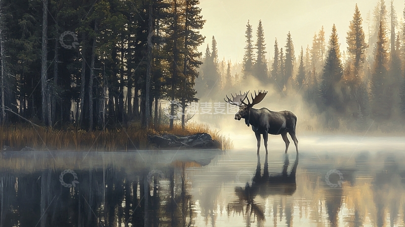 高清大图下载【趣麦麦图】晨雾中的森林与驼鹿