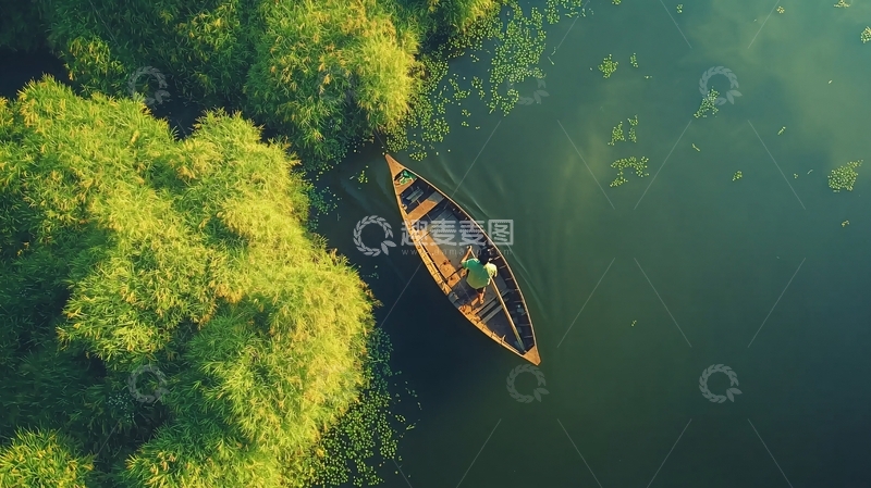 高清大图下载【趣麦麦图】稻田中的小舟