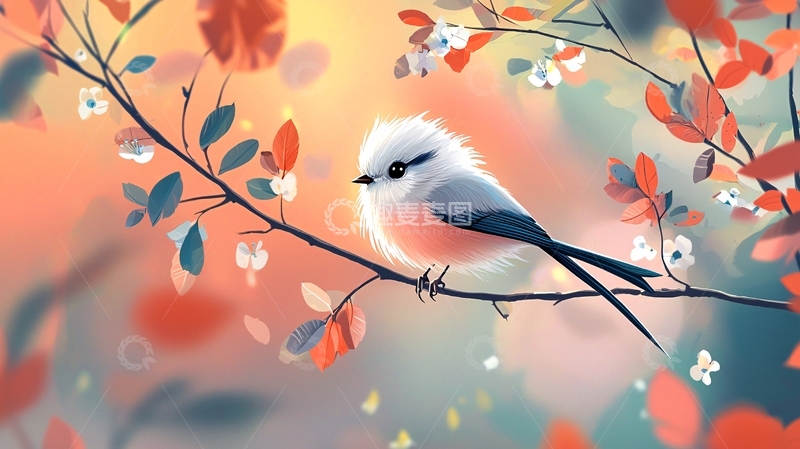 高清大图下载【趣麦麦图】秋日枝头的小鸟插画
