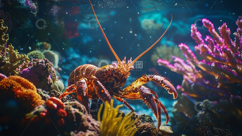 高清大图下载【趣麦麦图】海底珊瑚礁中的龙虾