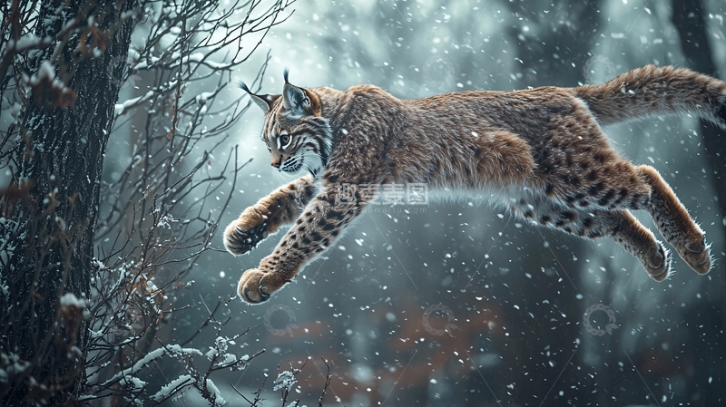 高清大图下载【趣麦麦图】雪地中的猫科动物跳跃瞬间