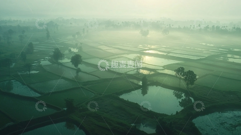 高清大图下载【趣麦麦图】稻田雾景高清图片