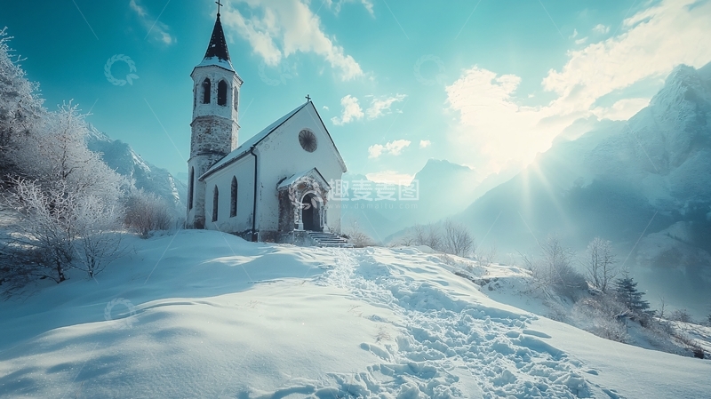 高清大图下载【趣麦麦图】冰雪中的古老教堂