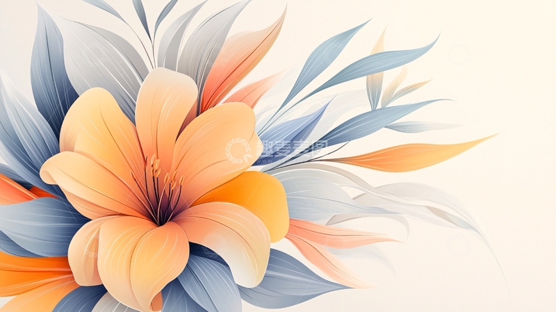 高清大图下载【趣麦麦图】橙蓝渐变花卉艺术插画