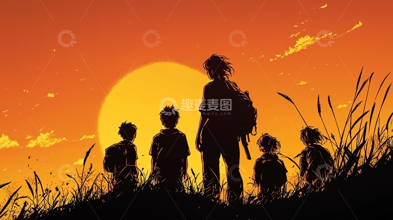 高清大图下载【趣麦麦图】夕阳下的家庭剪影