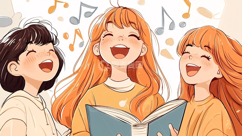 三个女孩唱歌的插画