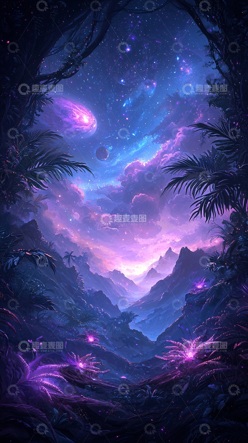 高清大图下载【趣麦麦图】梦幻星空下的神秘山谷
