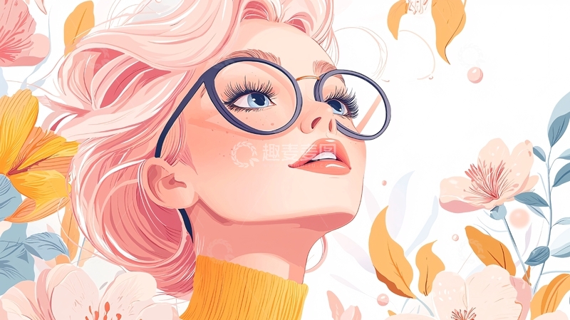 高清大图下载【趣麦麦图】粉色头发戴眼镜的女性插画
