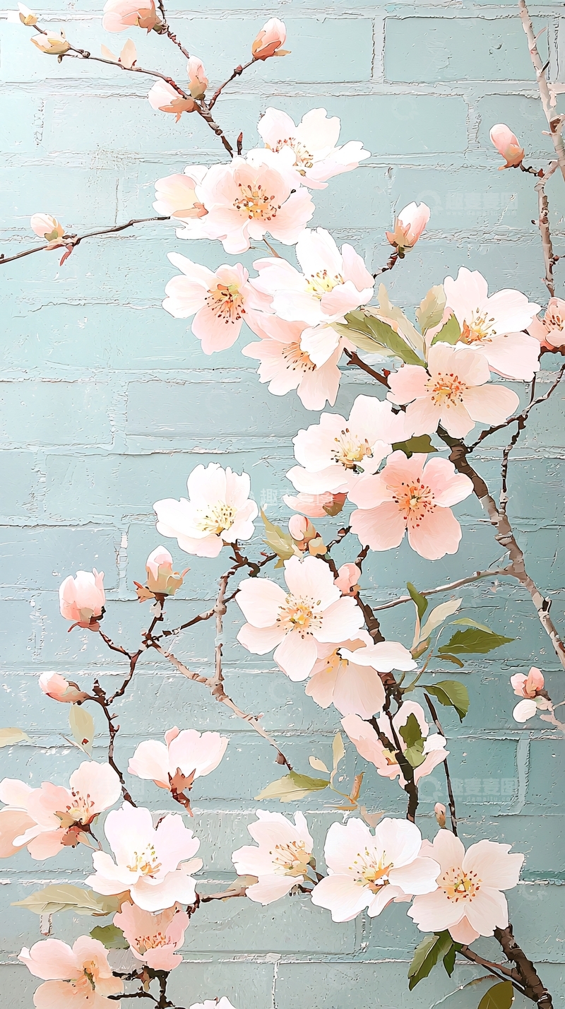 高清大图下载【趣麦麦图】粉色樱花与青砖背景
