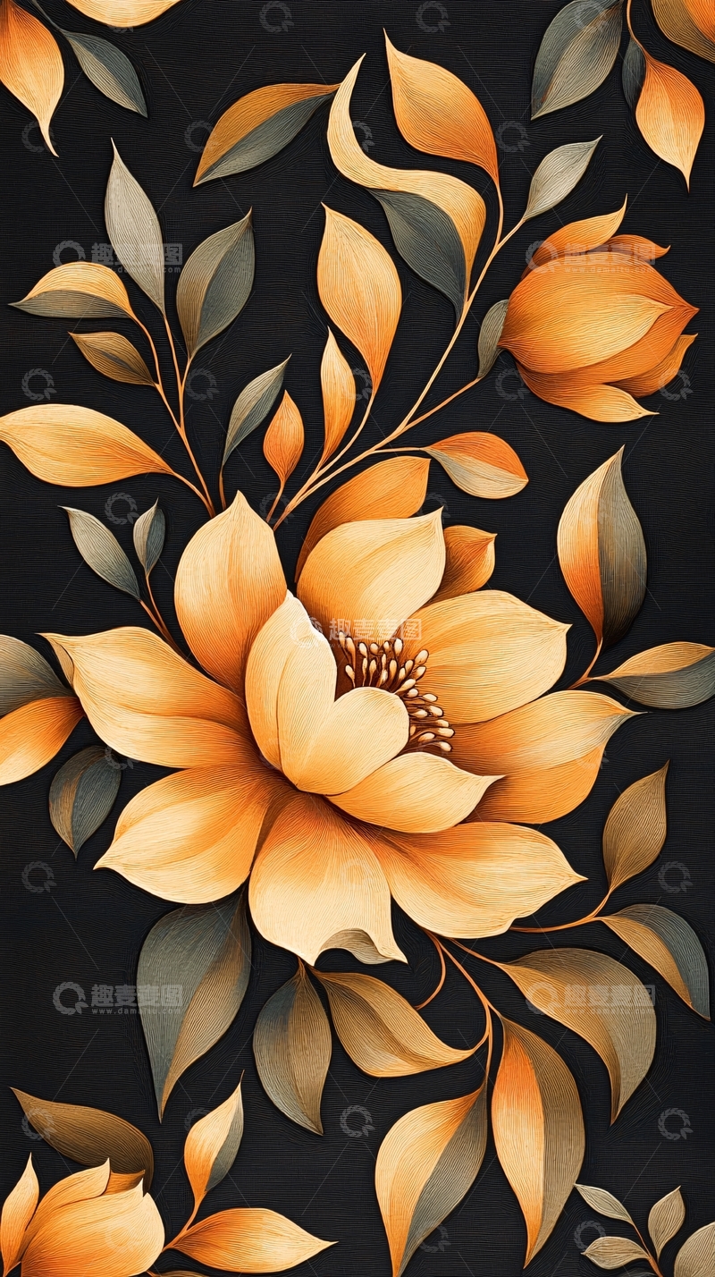 高清大图下载【趣麦麦图】橙色花卉与叶子装饰图案