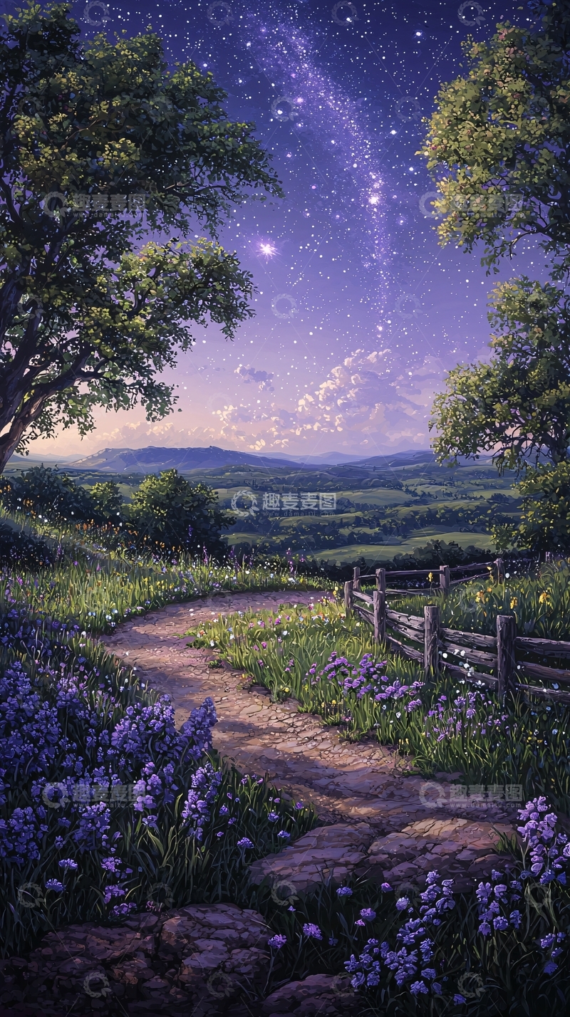 高清大图下载【趣麦麦图】夜空下的乡村小径
