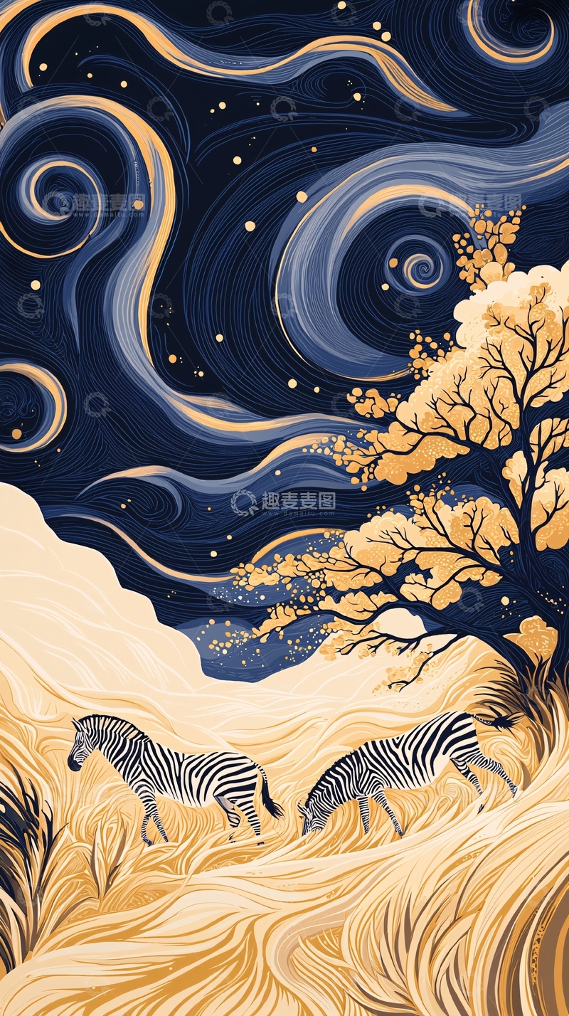 高清大图下载【趣麦麦图】非洲草原上的斑马与星空