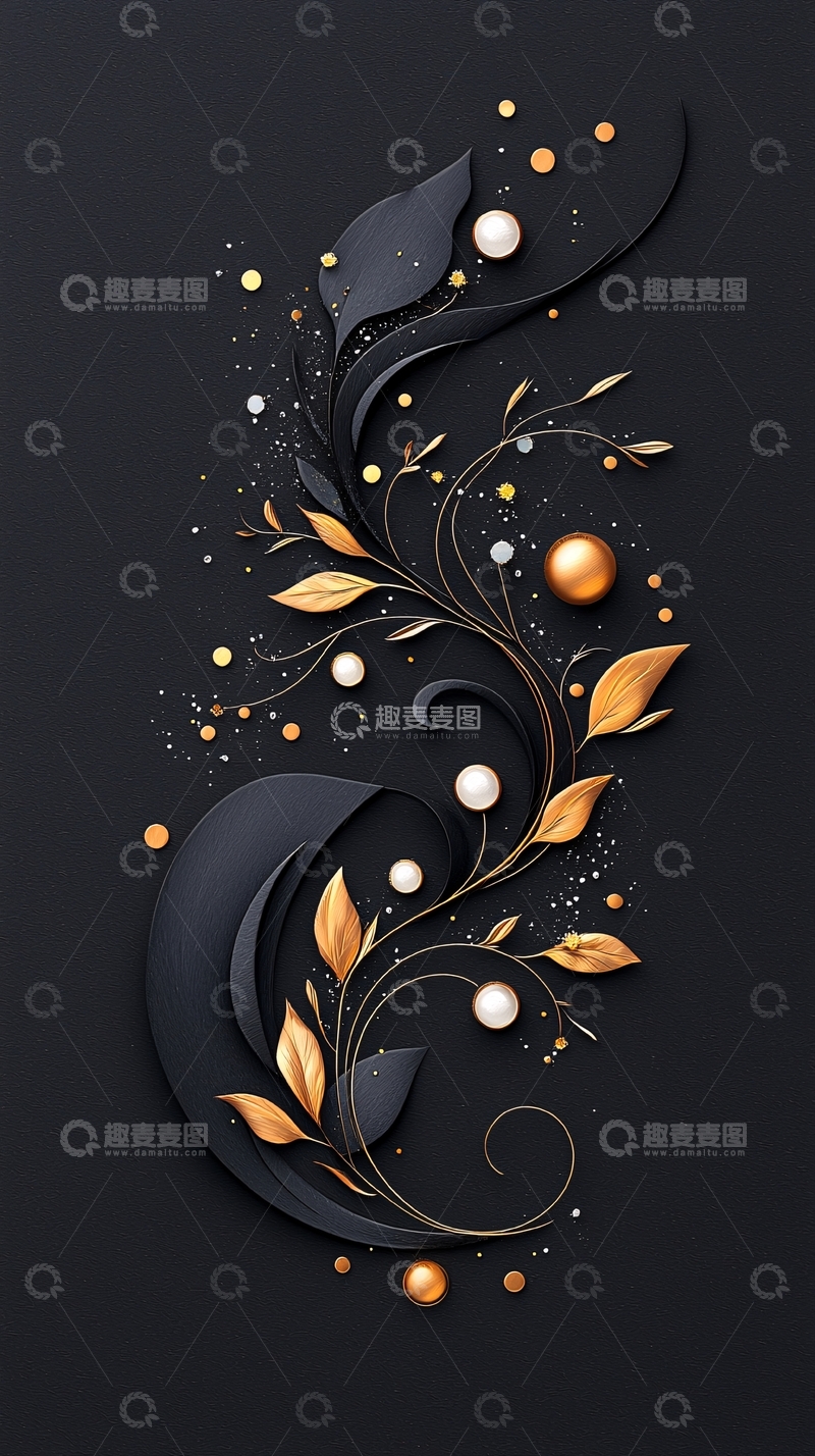 高清大图下载【趣麦麦图】黑色背景金色花卉装饰图案