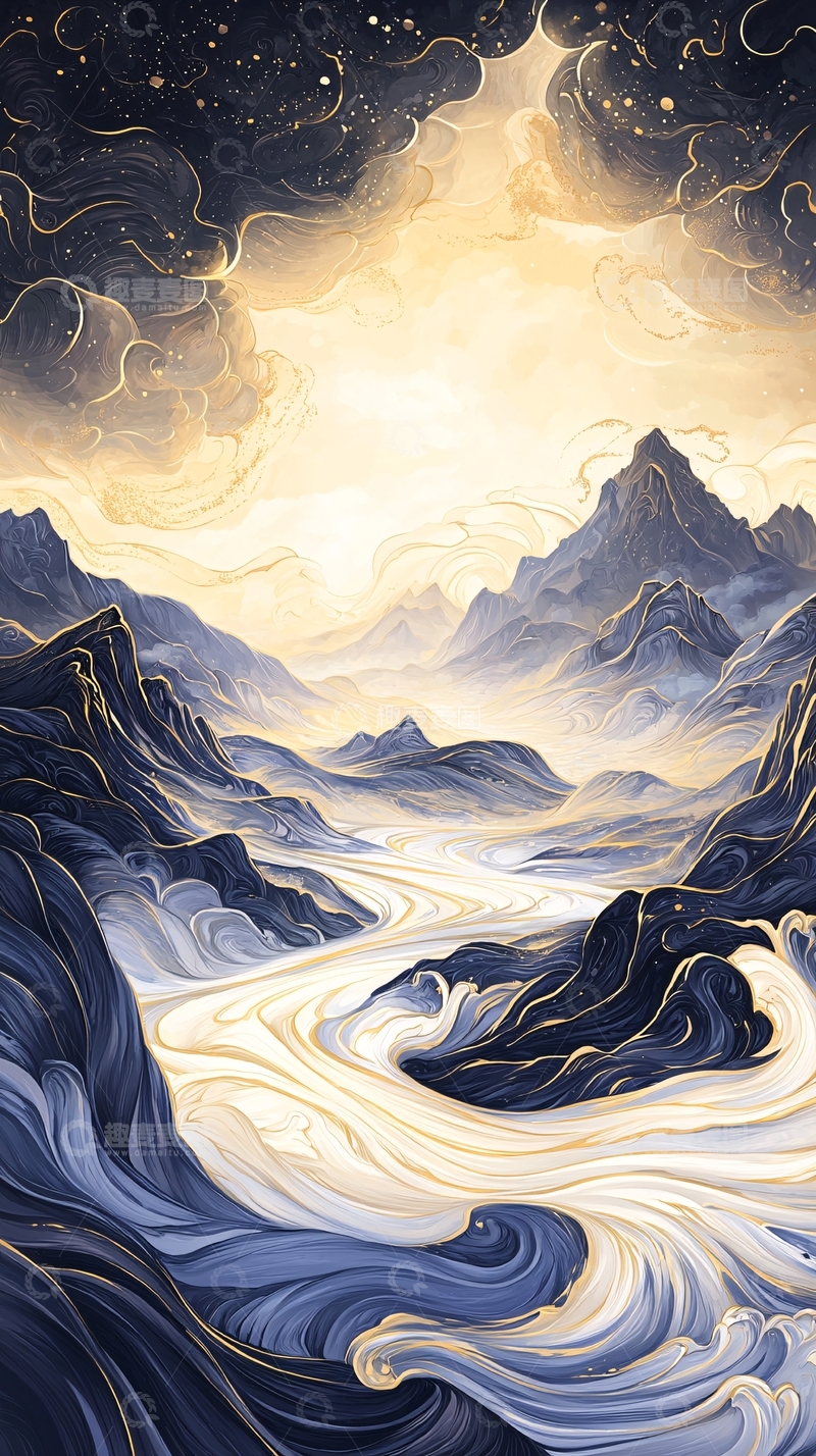 高清大图下载【趣麦麦图】梦幻山脉与河流的艺术插画