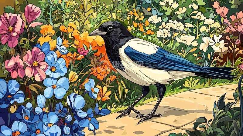高清大图下载【趣麦麦图】花园中的喜鹊与五彩花卉