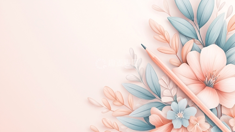 高清大图下载【趣麦麦图】粉色铅笔与花卉插画背景