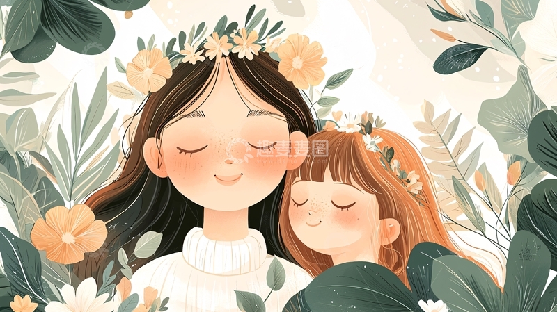 高清大图下载【趣麦麦图】母女花环环绕温馨时刻