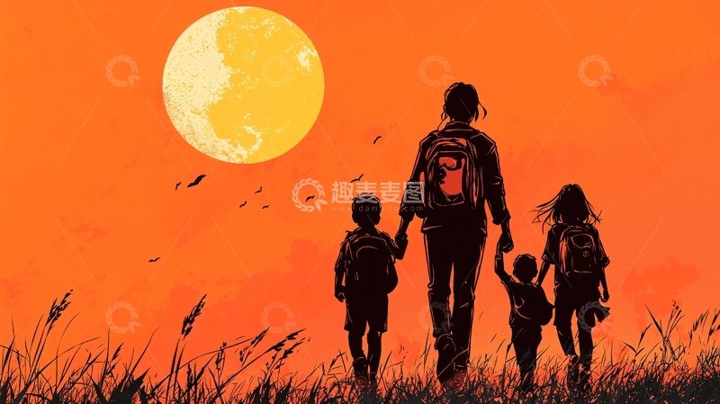 高清大图下载【趣麦麦图】夕阳下家庭徒步旅行剪影