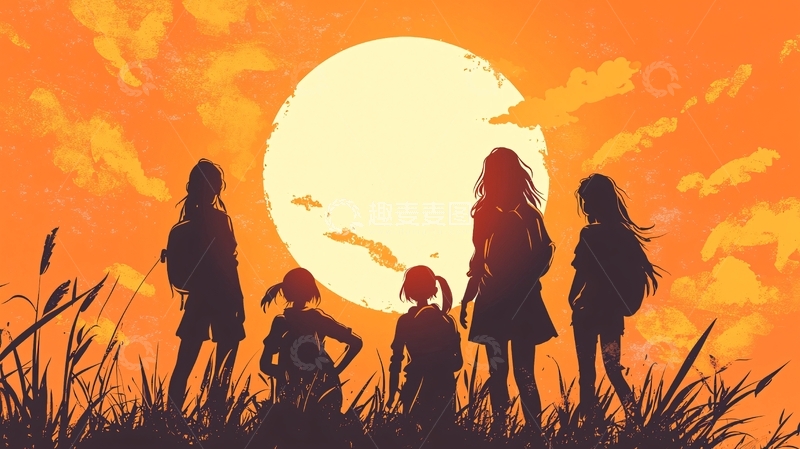 高清大图下载【趣麦麦图】夕阳下的孩子们剪影