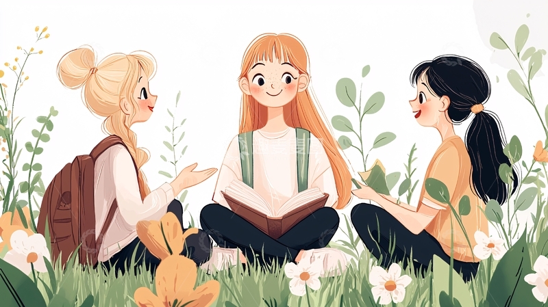 高清大图下载【趣麦麦图】户外阅读的三个女孩