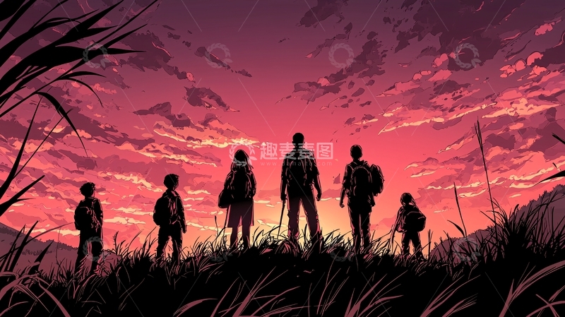 高清大图下载【趣麦麦图】夕阳下的徒步旅行者剪影