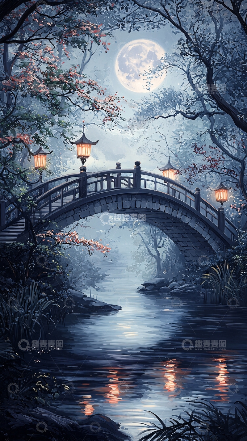 高清大图下载【趣麦麦图】月光下的石桥与流水