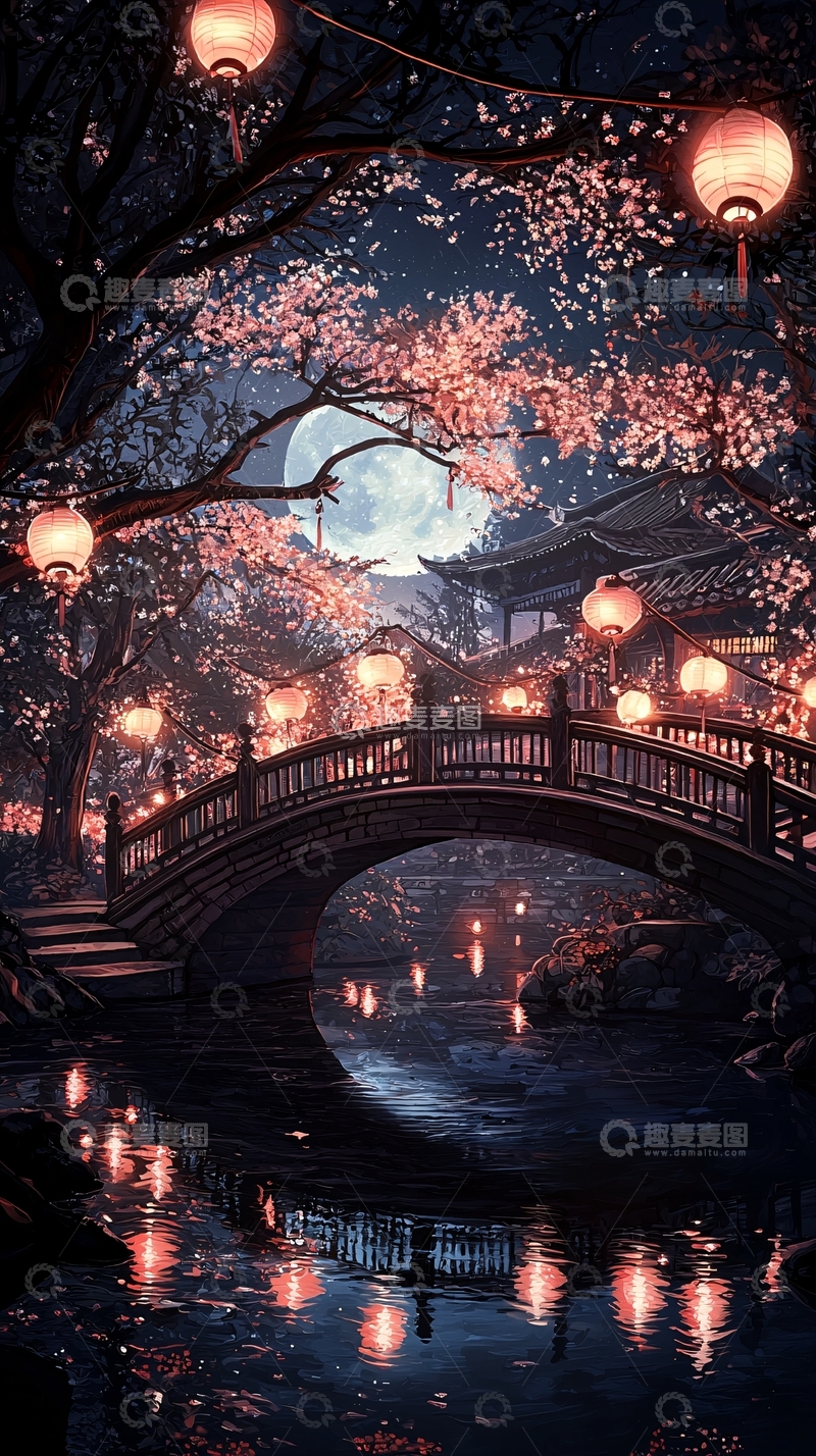 高清大图下载【趣麦麦图】月下樱花古桥夜景
