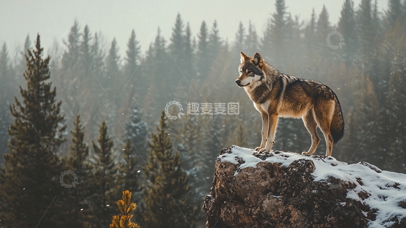 高清大图下载【趣麦麦图】雪地上的狼与松林
