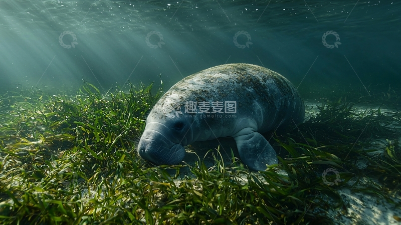 高清大图下载【趣麦麦图】海牛在海底草丛中觅食