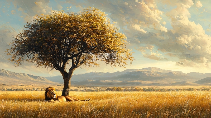 高清大图下载【趣麦麦图】草原上的狮子与孤独的树