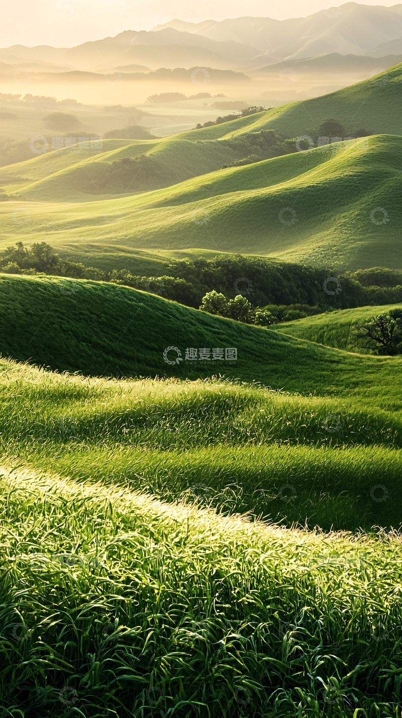 高清大图下载【趣麦麦图】绿色山丘晨光自然风光