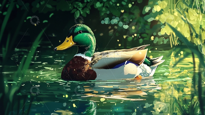 高清大图下载【趣麦麦图】绿头鸭在池塘中游泳