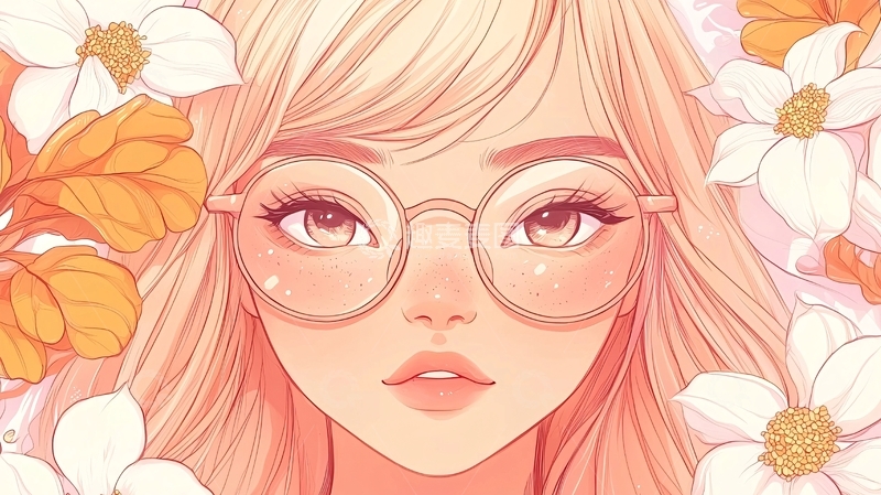 高清大图下载【趣麦麦图】粉色眼镜少女与花朵插画