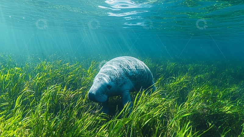 高清大图下载【趣麦麦图】海牛在水下草丛中觅食