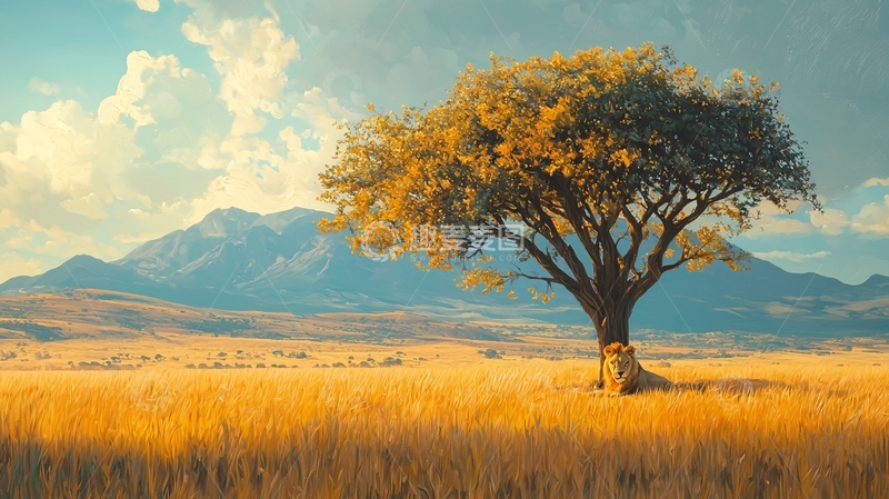 高清大图下载【趣麦麦图】草原上的狮子与孤独的树