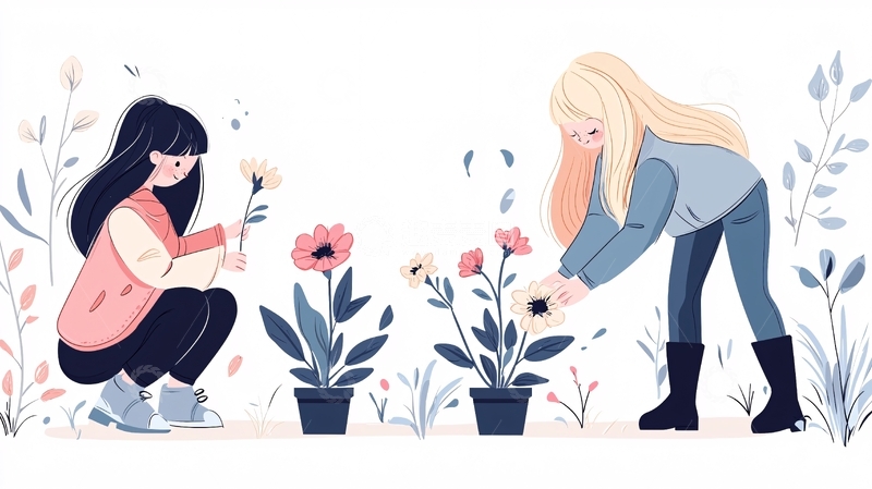 高清大图下载【趣麦麦图】母女共赏花图