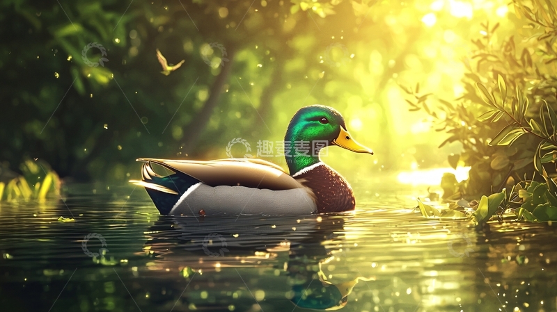 高清大图下载【趣麦麦图】绿头鸭在阳光下的宁静水面
