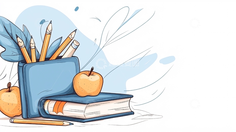 高清大图下载【趣麦麦图】书桌上的文具与苹果插画