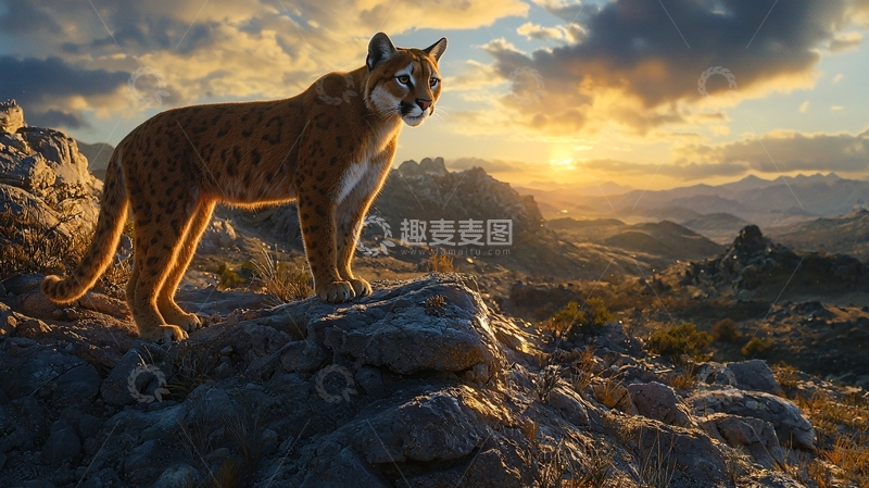 高清大图下载【趣麦麦图】山间日落下的美洲狮
