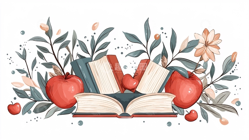 高清大图下载【趣麦麦图】书本与苹果的艺术插画