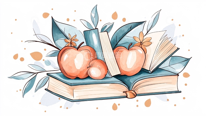 高清大图下载【趣麦麦图】书本与苹果的艺术插画