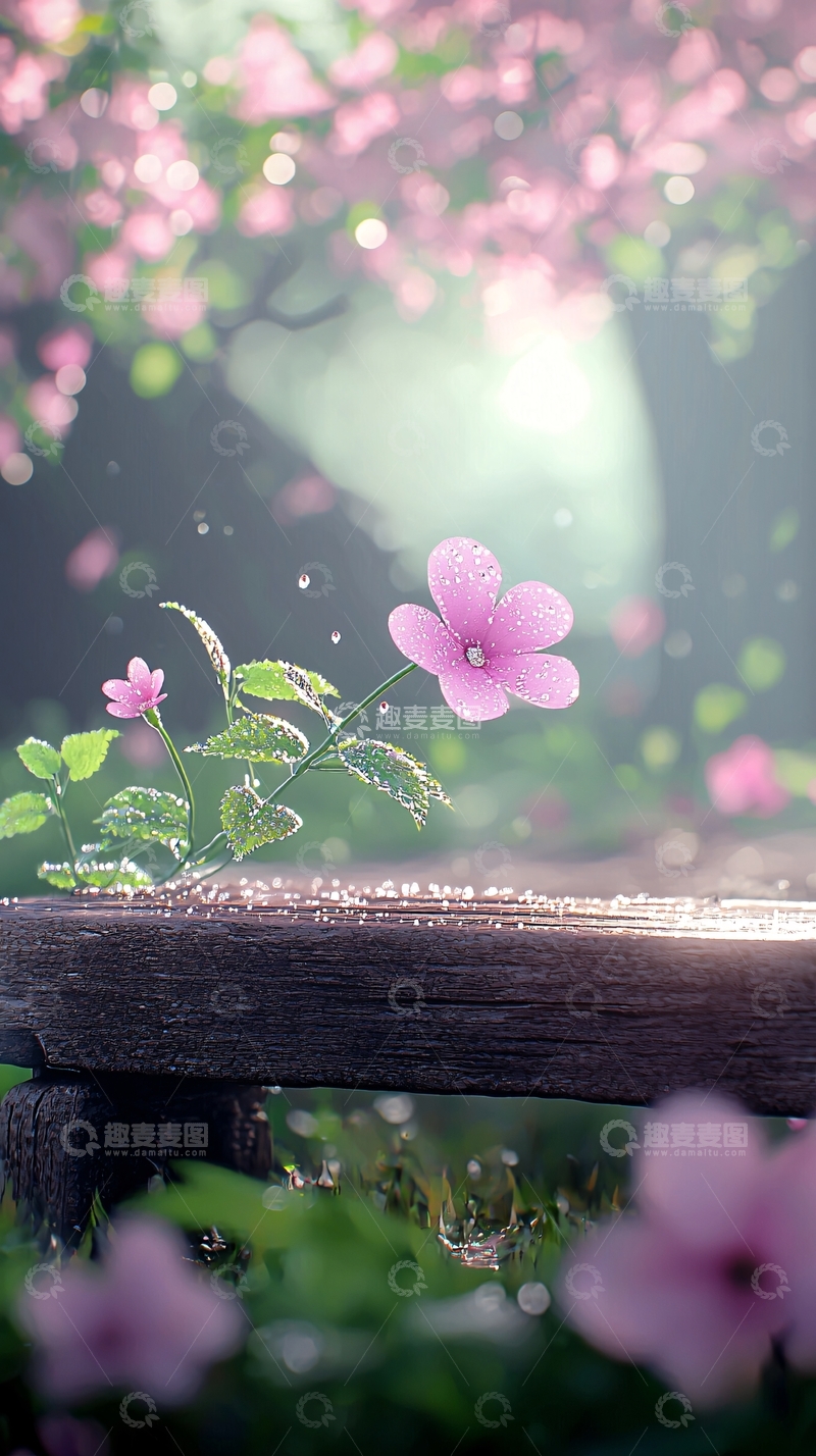 高清大图下载【趣麦麦图】雨后粉花木桌自然风光