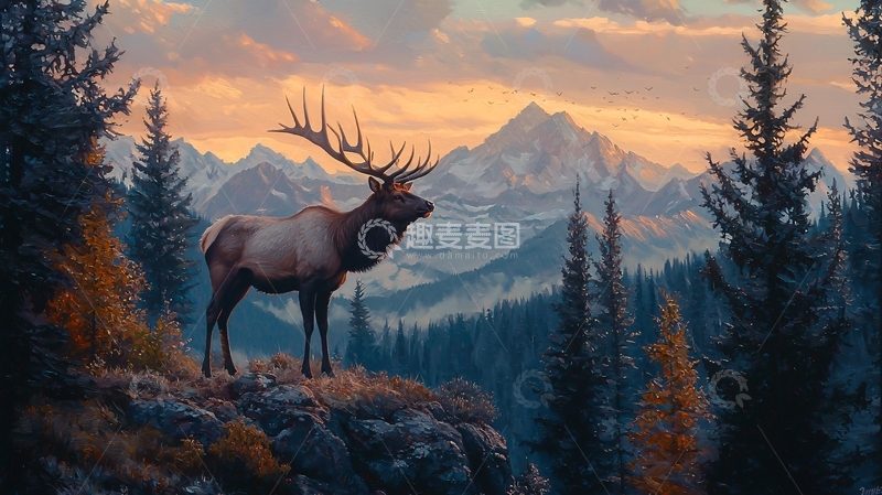 高清大图下载【趣麦麦图】雄鹿山间日落风景